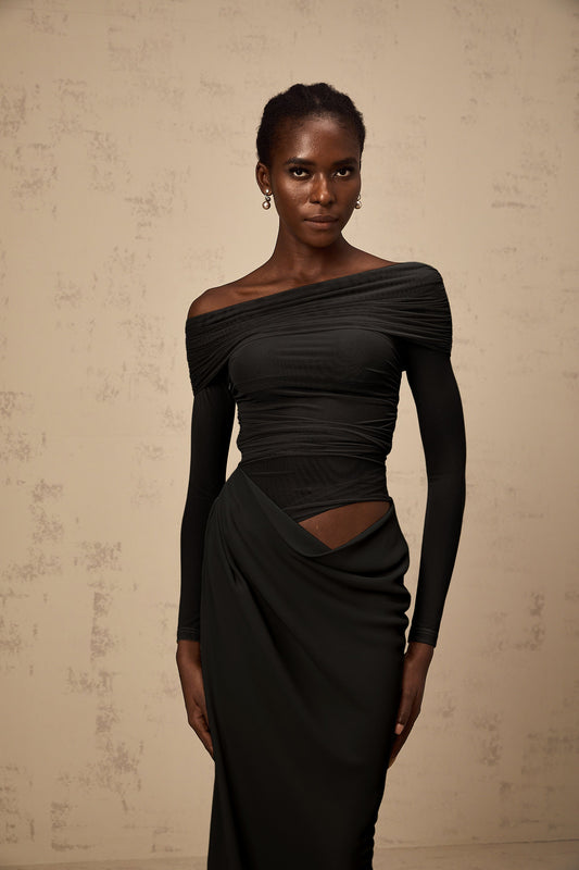 Estelle Black Off-Shoulder Semi-Sheer Ruched Midi Evening Dress