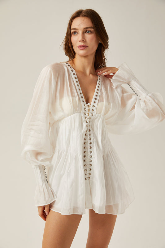 Yvonne White V-Neck Front Tie Semi-Sheer Puff Sleeve Mini Dress