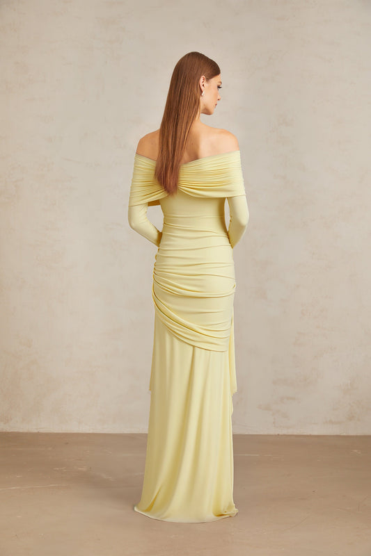 Elegant Light Yellow Off-Shoulder Asymmetrical Ruched Floor Length Gown