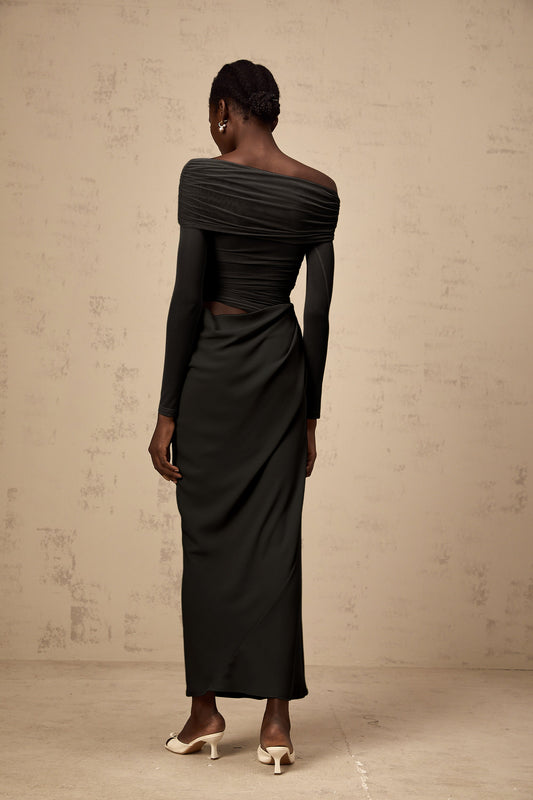 Estelle Black Off-Shoulder Semi-Sheer Ruched Midi Evening Dress