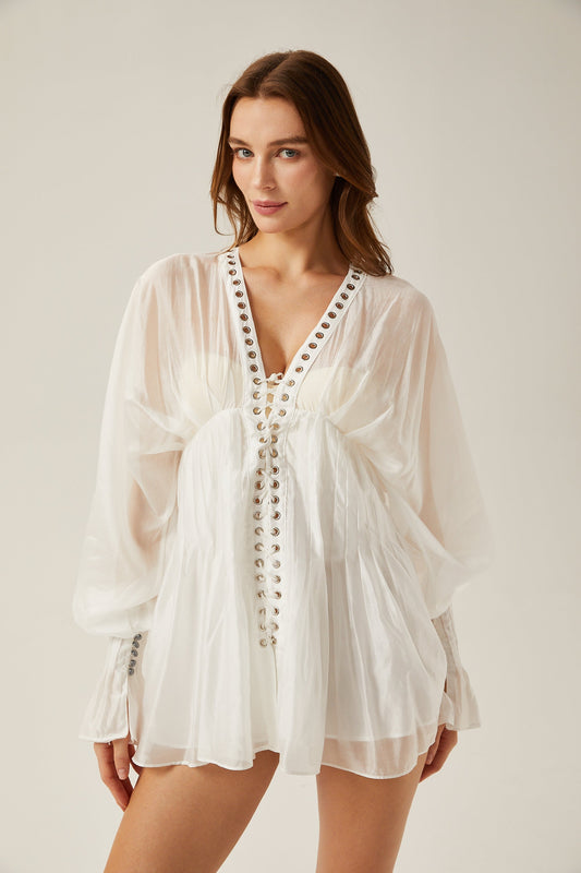 Yvonne White V-Neck Front Tie Semi-Sheer Puff Sleeve Mini Dress
