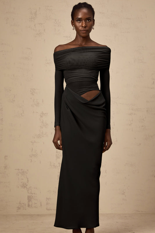 Estelle Black Off-Shoulder Semi-Sheer Ruched Midi Evening Dress