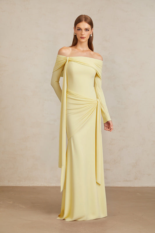 Elegant Light Yellow Off-Shoulder Asymmetrical Ruched Floor Length Gown