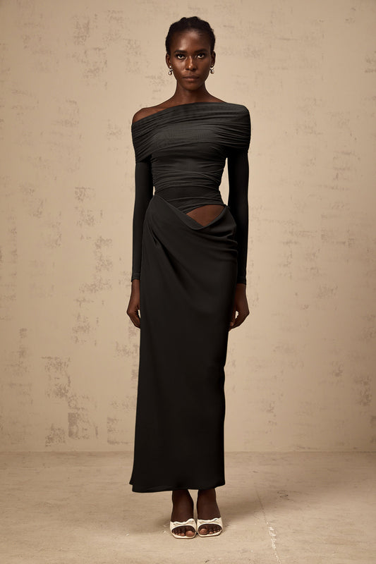 Estelle Black Off-Shoulder Semi-Sheer Ruched Midi Evening Dress