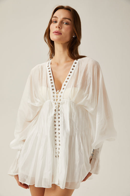 Yvonne White V-Neck Front Tie Semi-Sheer Puff Sleeve Mini Dress