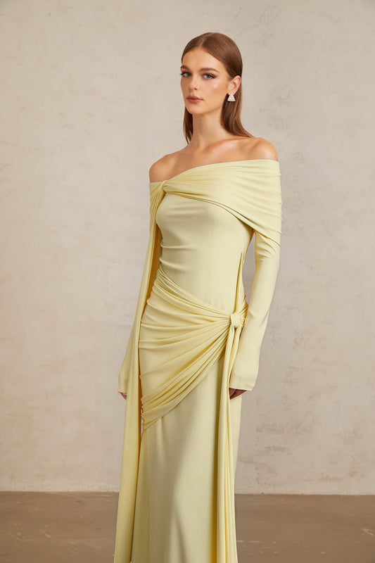 Elegant Light Yellow Off-Shoulder Asymmetrical Ruched Floor Length Gown