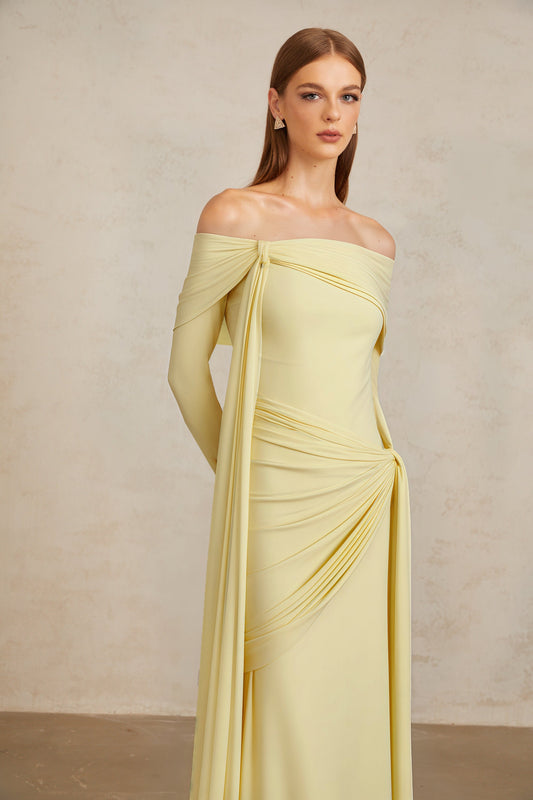 Elegant Light Yellow Off-Shoulder Asymmetrical Ruched Floor Length Gown