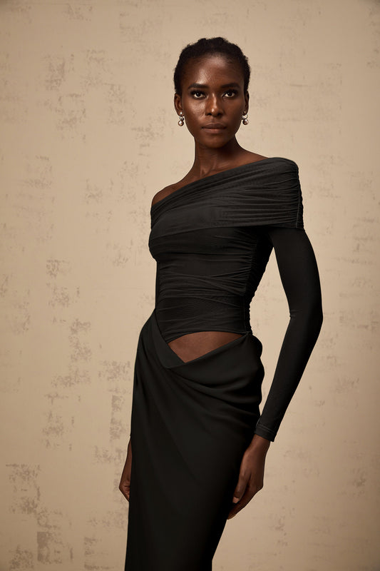 Estelle Black Off-Shoulder Semi-Sheer Ruched Midi Evening Dress