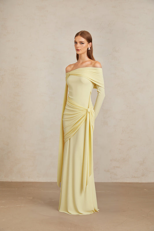 Elegant Light Yellow Off-Shoulder Asymmetrical Ruched Floor Length Gown