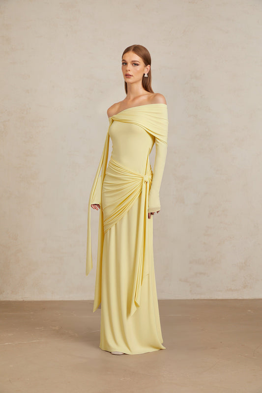 Elegant Light Yellow Off-Shoulder Asymmetrical Ruched Floor Length Gown