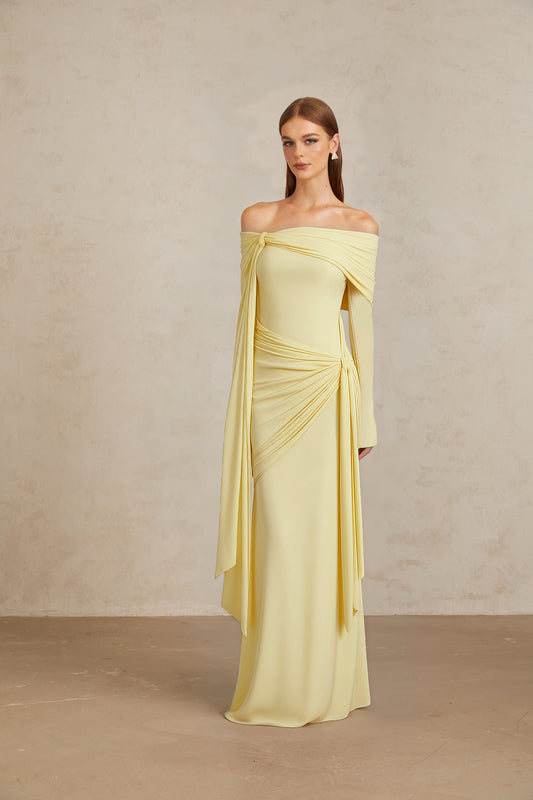Elegant Light Yellow Off-Shoulder Asymmetrical Ruched Floor Length Gown