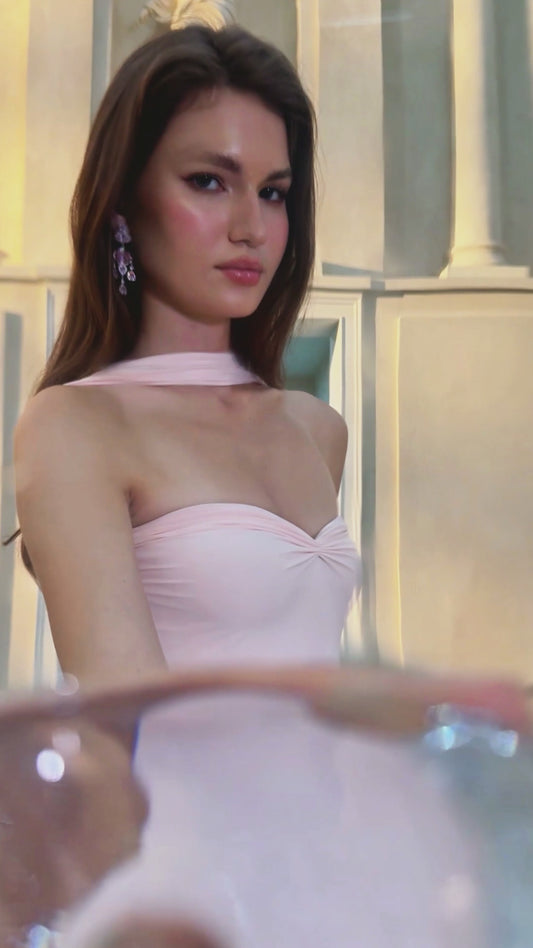 Rêverie Pink Sweetheart Neck Maxi Dress with Attached Scarf