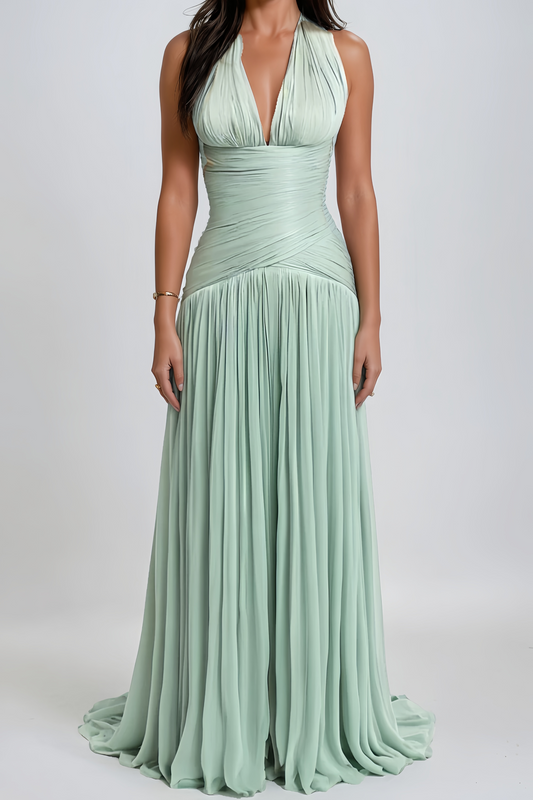 Seraphe Mint Green Halterneck Gathered Maxi Dress with Train