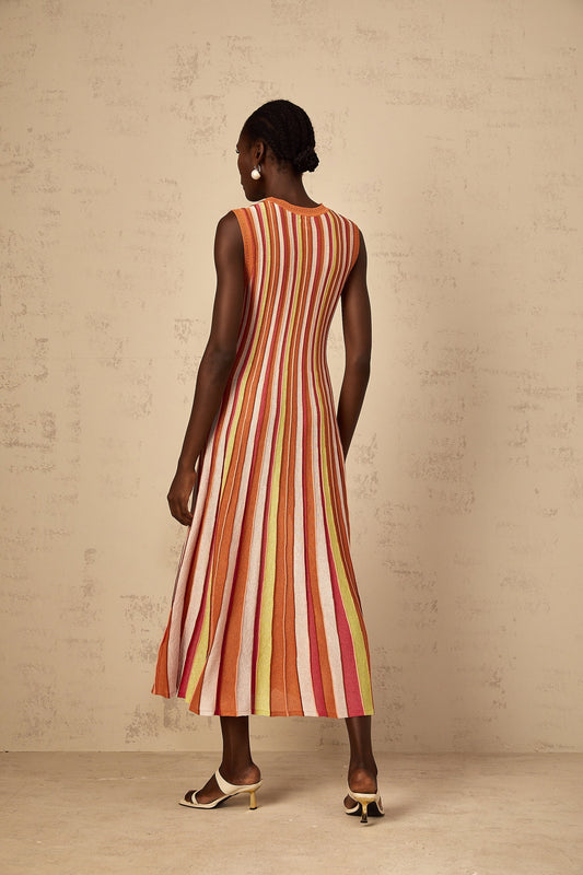 Abriana Orange Vertical Striped Metallic Knit Midi Dress with Flared Hem
