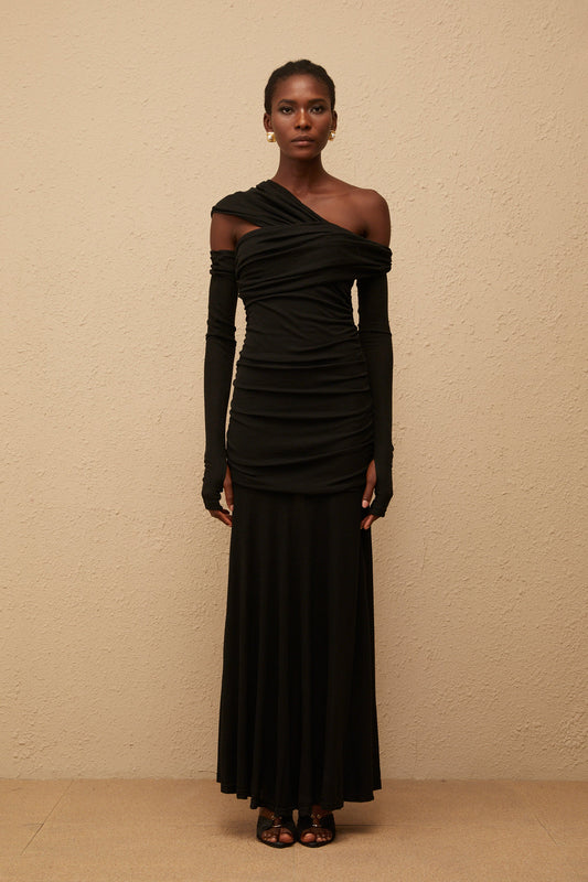 Aava Black One Shoulder Ruched Knit Maxi Dress with Gloves