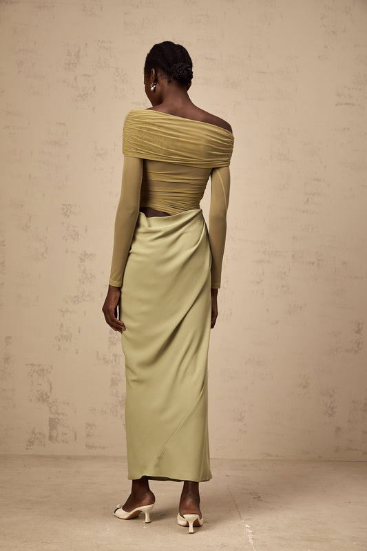 Estelle Green Off-Shoulder Ruched Semi-Sheer Tulle Midi Dress for Women