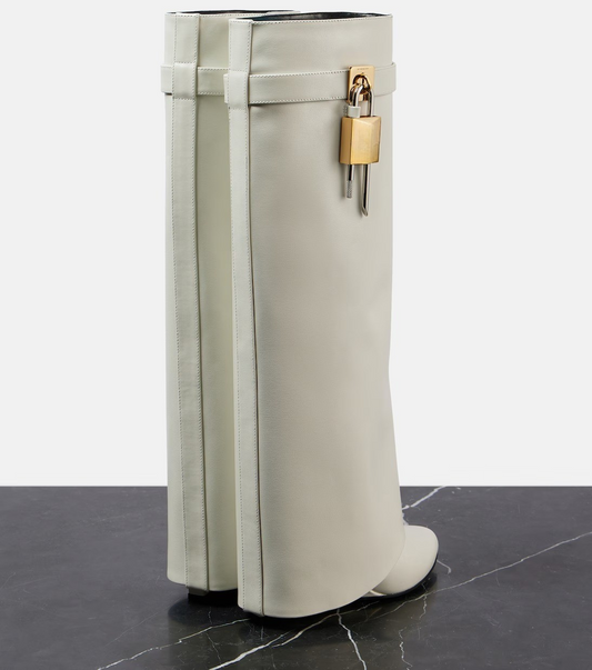 White Handcrafted Calf Leather Shark Boots with Sculptural Heel