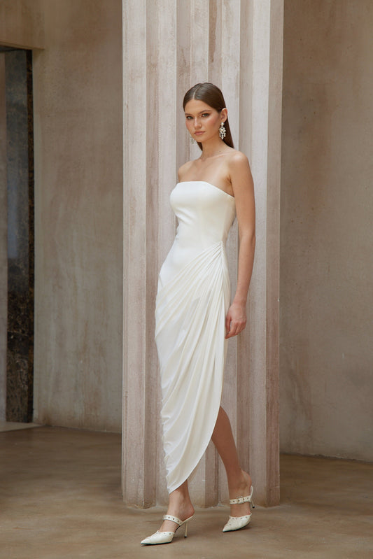 Wanda White Asymmetrical Ruched Midi Dress with Side Slit