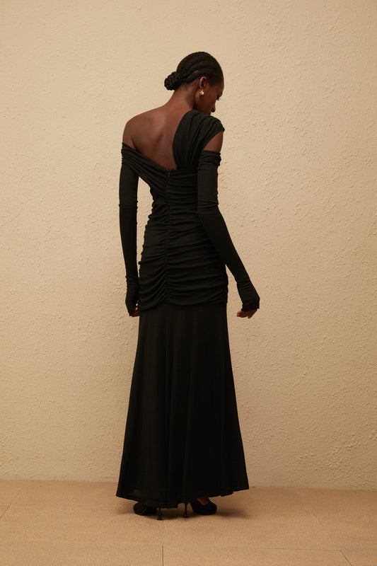 Aava Black One Shoulder Ruched Knit Maxi Dress with Gloves