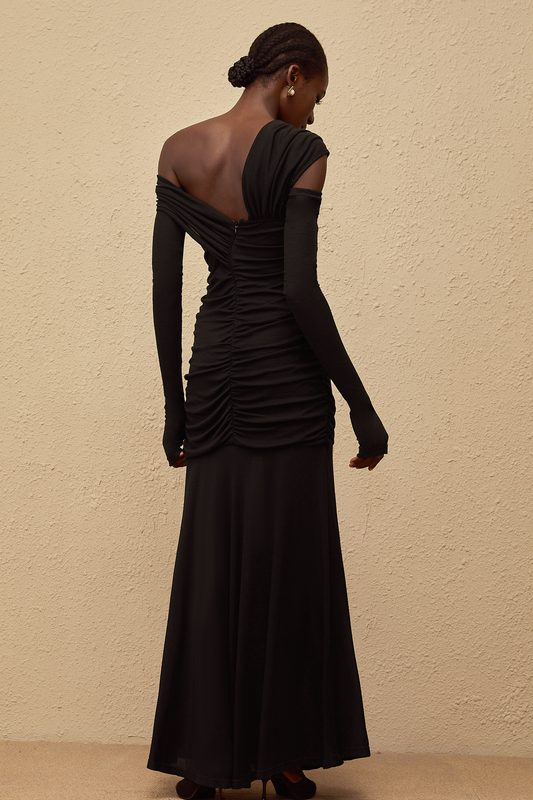 Aava Black One Shoulder Ruched Knit Maxi Dress with Gloves