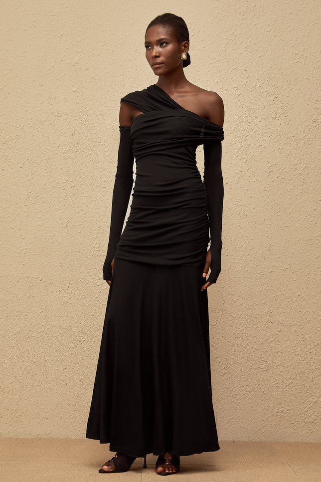 Aava Black One Shoulder Ruched Knit Maxi Dress with Gloves