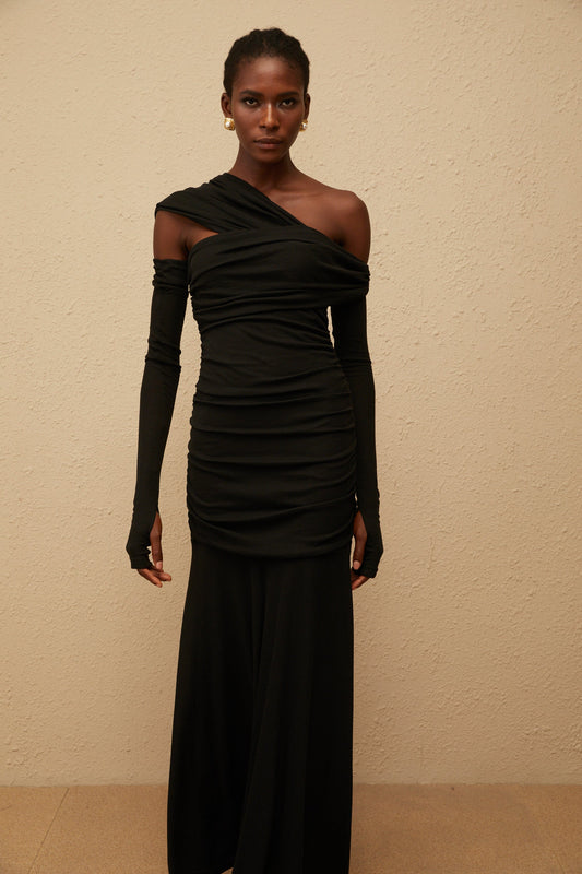 Aava Black One Shoulder Ruched Knit Maxi Dress with Gloves