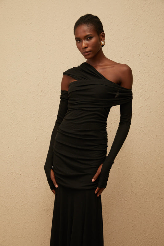 Aava Black One Shoulder Ruched Knit Maxi Dress with Gloves
