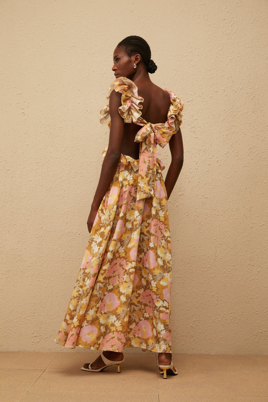 Adelaide Open Back Floral Print Maxi Dress with Ruffled Sleeves