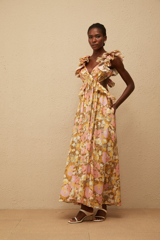 Adelaide Open Back Floral Print Maxi Dress with Ruffled Sleeves