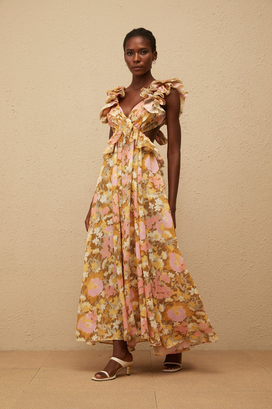 Adelaide Open Back Floral Print Maxi Dress with Ruffled Sleeves