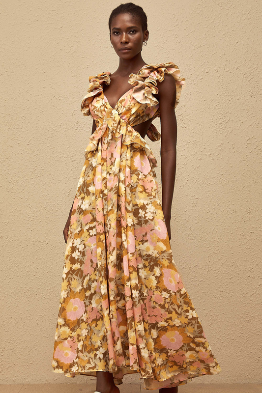 Adelaide Open Back Floral Print Maxi Dress with Ruffled Sleeves