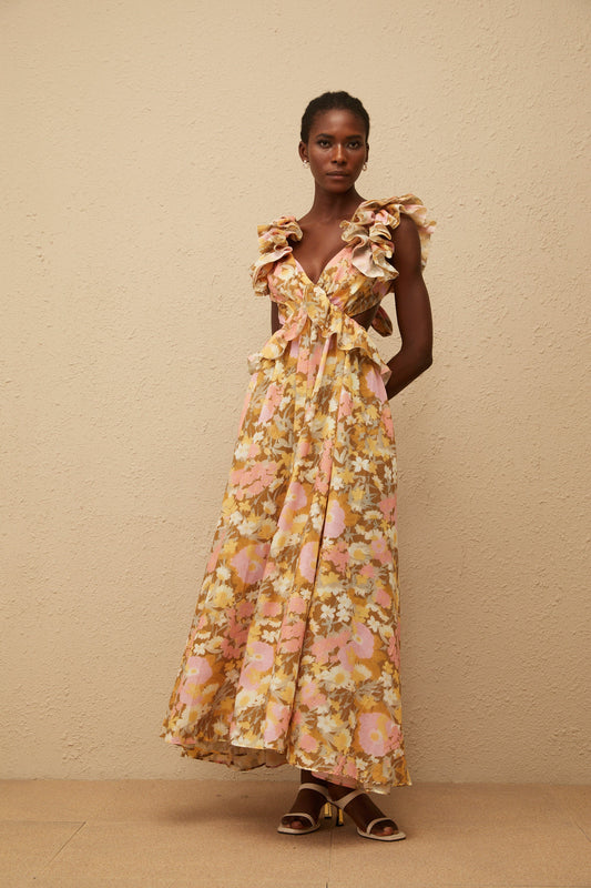 Adelaide Open Back Floral Print Maxi Dress with Ruffled Sleeves