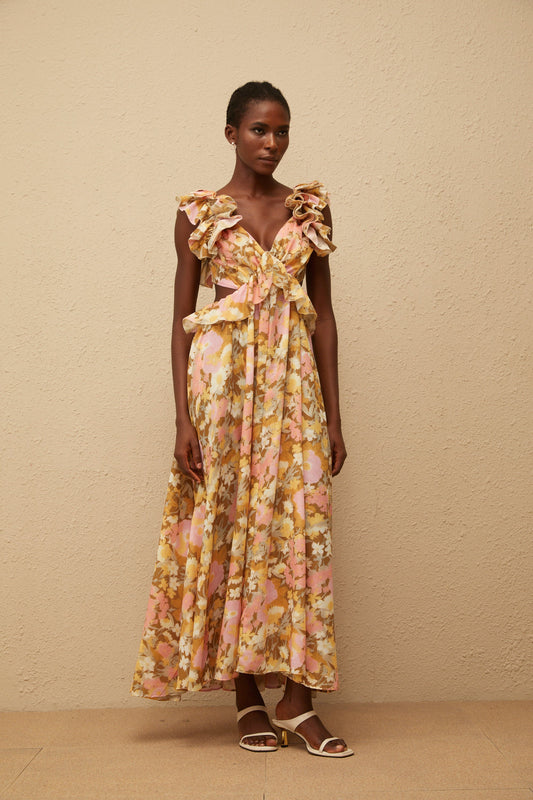 Adelaide Open Back Floral Print Maxi Dress with Ruffled Sleeves