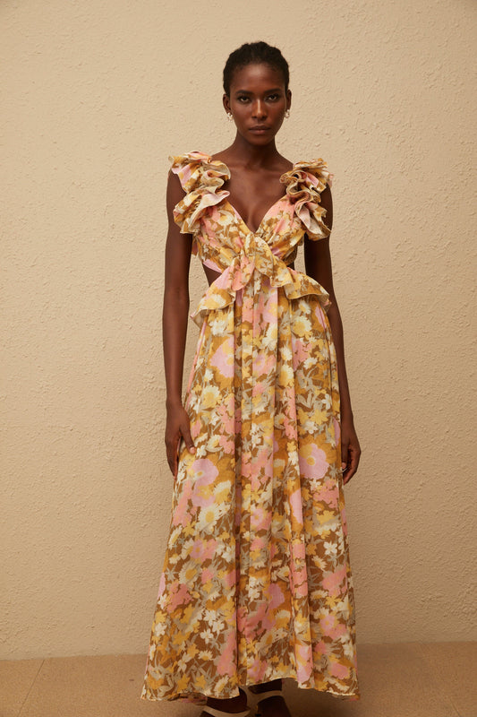 Adelaide Open Back Floral Print Maxi Dress with Ruffled Sleeves