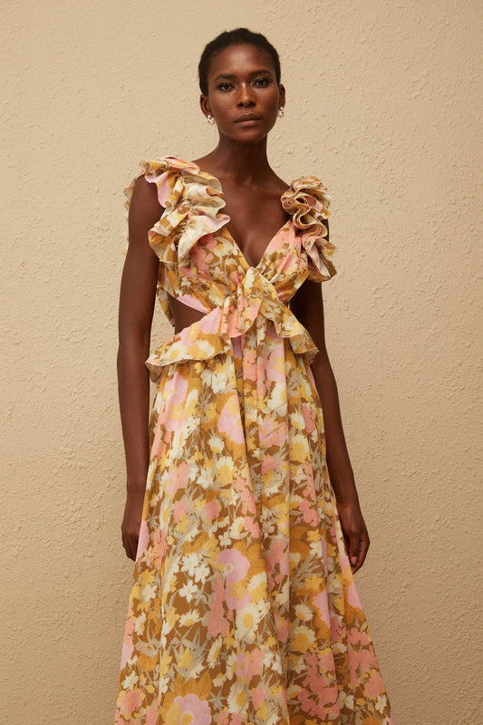 Adelaide Open Back Floral Print Maxi Dress with Ruffled Sleeves