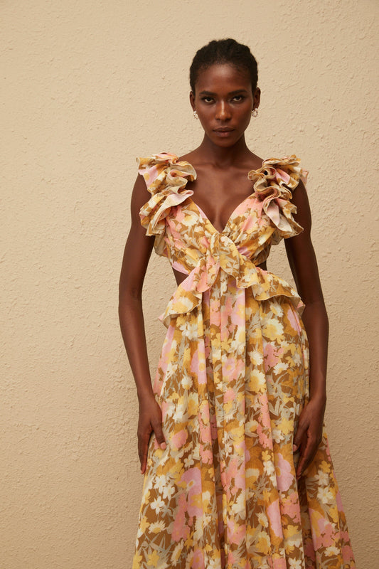 Adelaide Open Back Floral Print Maxi Dress with Ruffled Sleeves