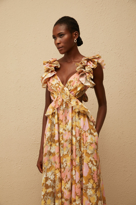 Adelaide Open Back Floral Print Maxi Dress with Ruffled Sleeves