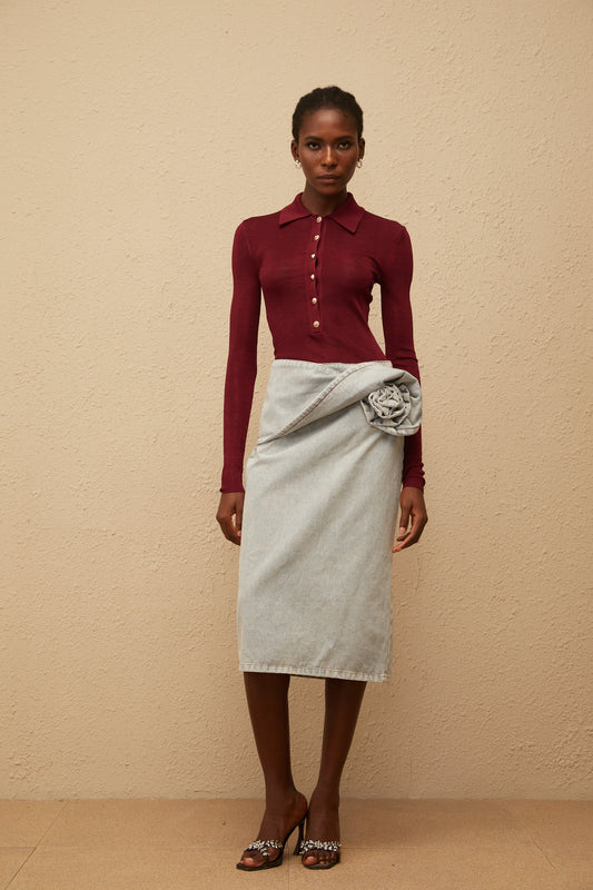 Zélie Blue Floral Appliqué Cotton Denim Midi Skirt