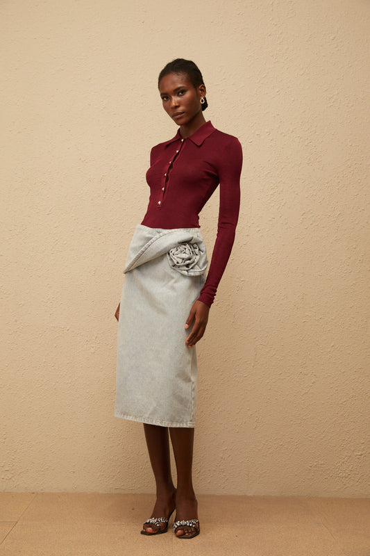 Zélie Blue Floral Appliqué Cotton Denim Midi Skirt