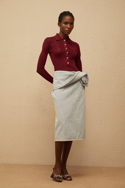 Zélie Blue Floral Appliqué Cotton Denim Midi Skirt