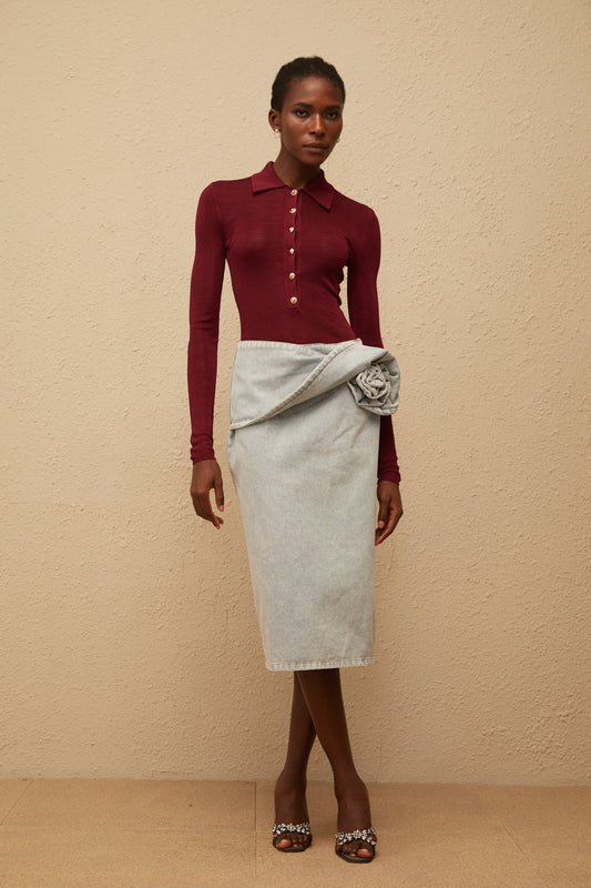 Zélie Blue Floral Appliqué Cotton Denim Midi Skirt