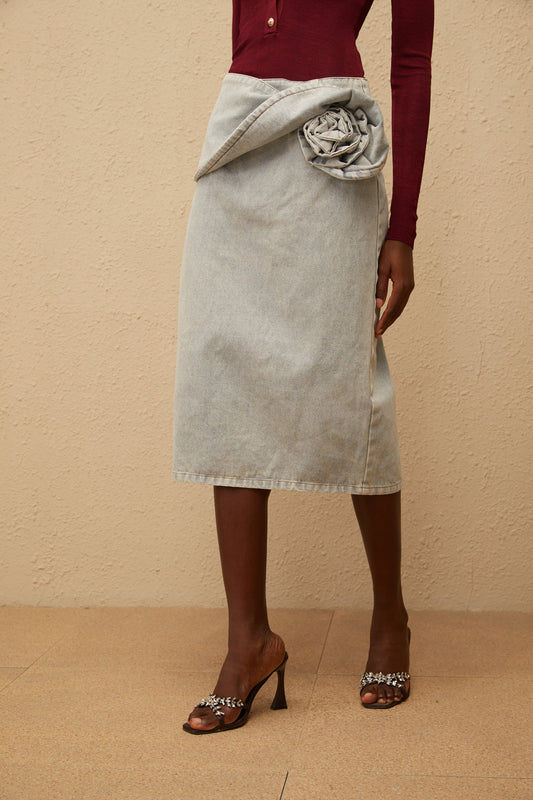 Zélie Blue Floral Appliqué Cotton Denim Midi Skirt