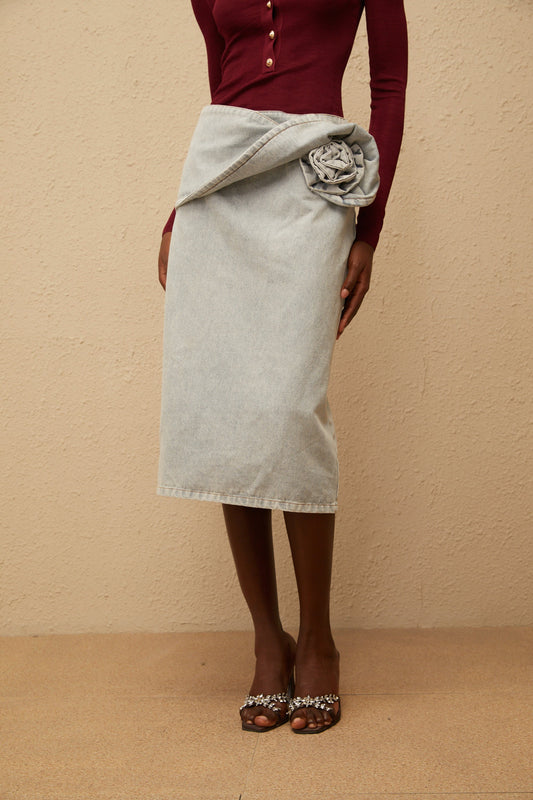 Zélie Blue Floral Appliqué Cotton Denim Midi Skirt