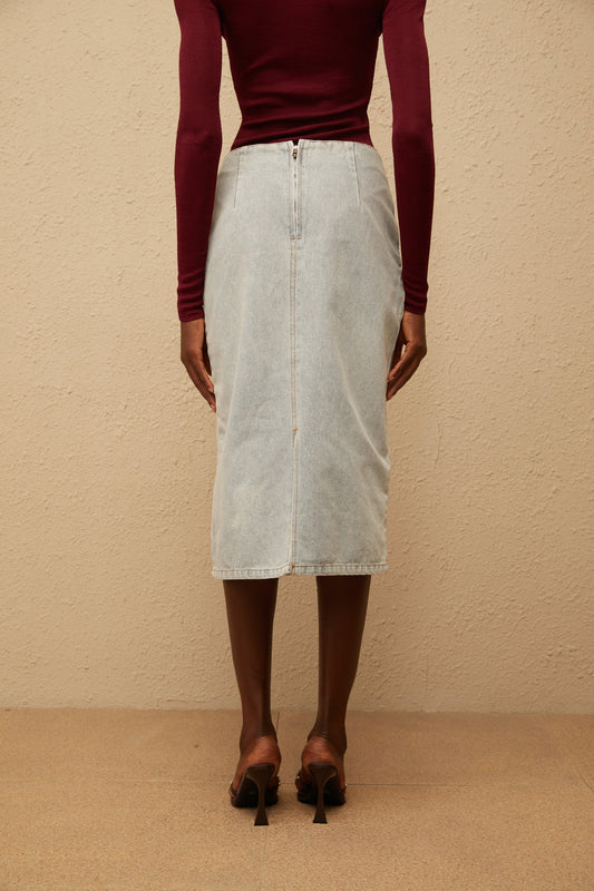 Zélie Blue Floral Appliqué Cotton Denim Midi Skirt