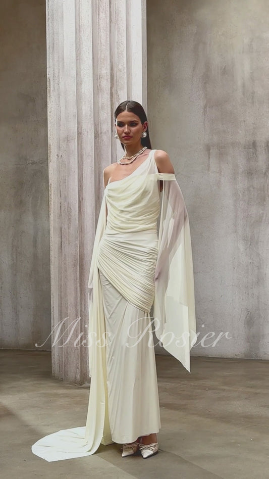 Aurianne White One Shoulder Asymmetrical Draped Ruched Maxi Dress