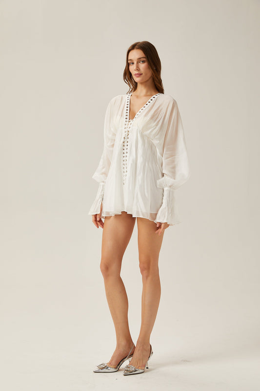 Yvonne White V-Neck Front Tie Semi-Sheer Puff Sleeve Mini Dress