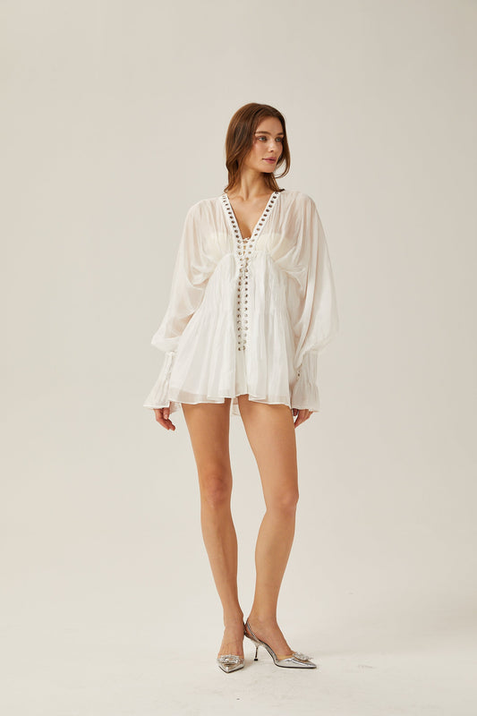 Yvonne White V-Neck Front Tie Semi-Sheer Puff Sleeve Mini Dress