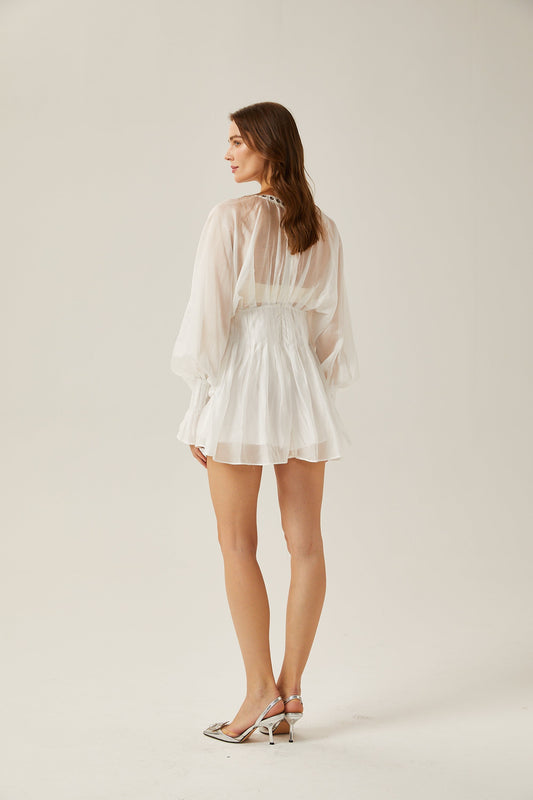 Yvonne White V-Neck Front Tie Semi-Sheer Puff Sleeve Mini Dress