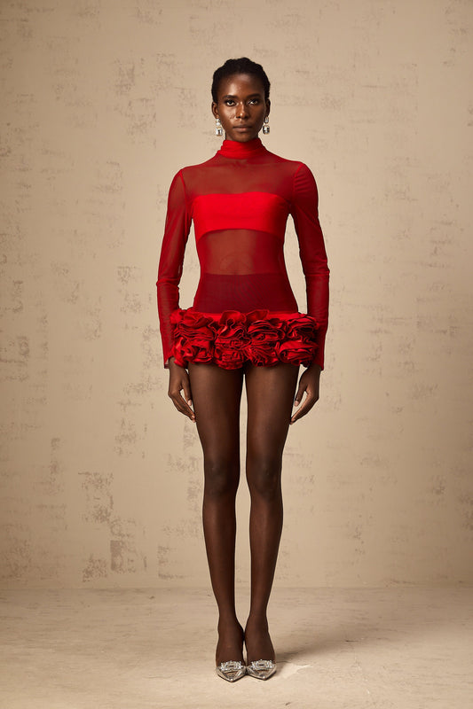 Red Zelie 3D Petal Semi-Sheer Tulle Mock Neck Mini Dress