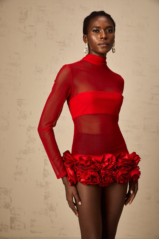 Red Zelie 3D Petal Semi-Sheer Tulle Mock Neck Mini Dress